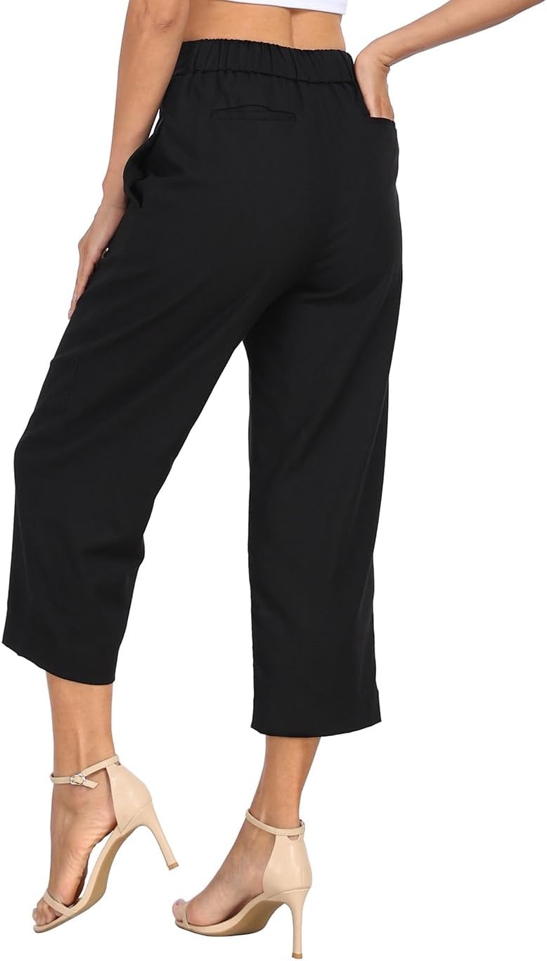 image:imageHDE Womens Pull On Linen Capri Pants Cropped High Waisted Summer CaprisBlack