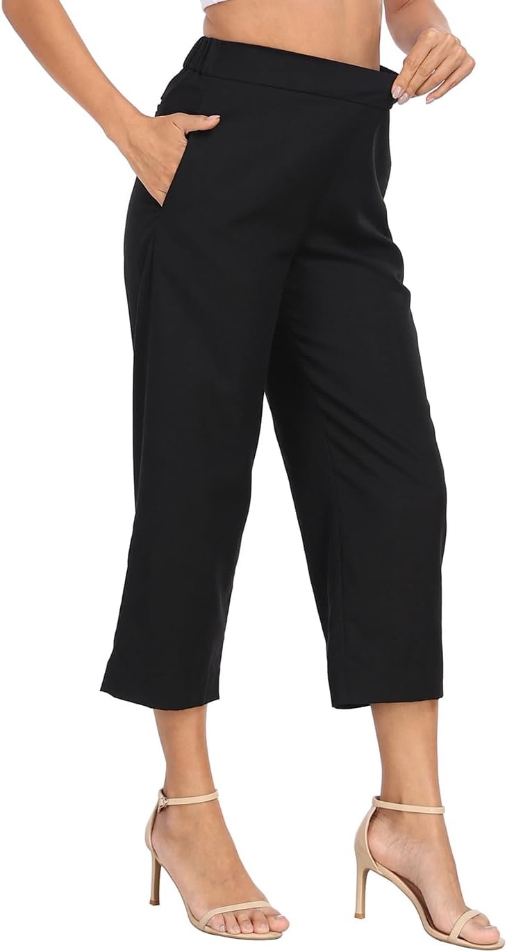 image:imageHDE Womens Pull On Linen Capri Pants Cropped High Waisted Summer CaprisBlack