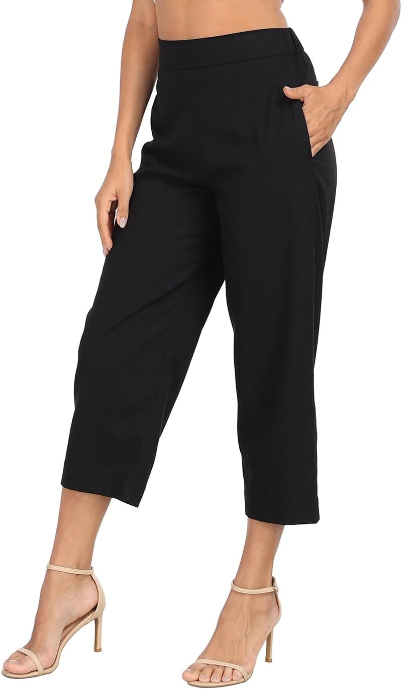 image:imageHDE Womens Pull On Linen Capri Pants Cropped High Waisted Summer CaprisBlack