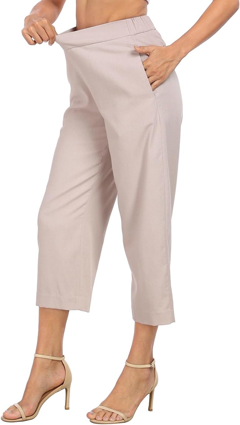 image:imageHDE Womens Pull On Linen Capri Pants Cropped High Waisted Summer CaprisGray Beige