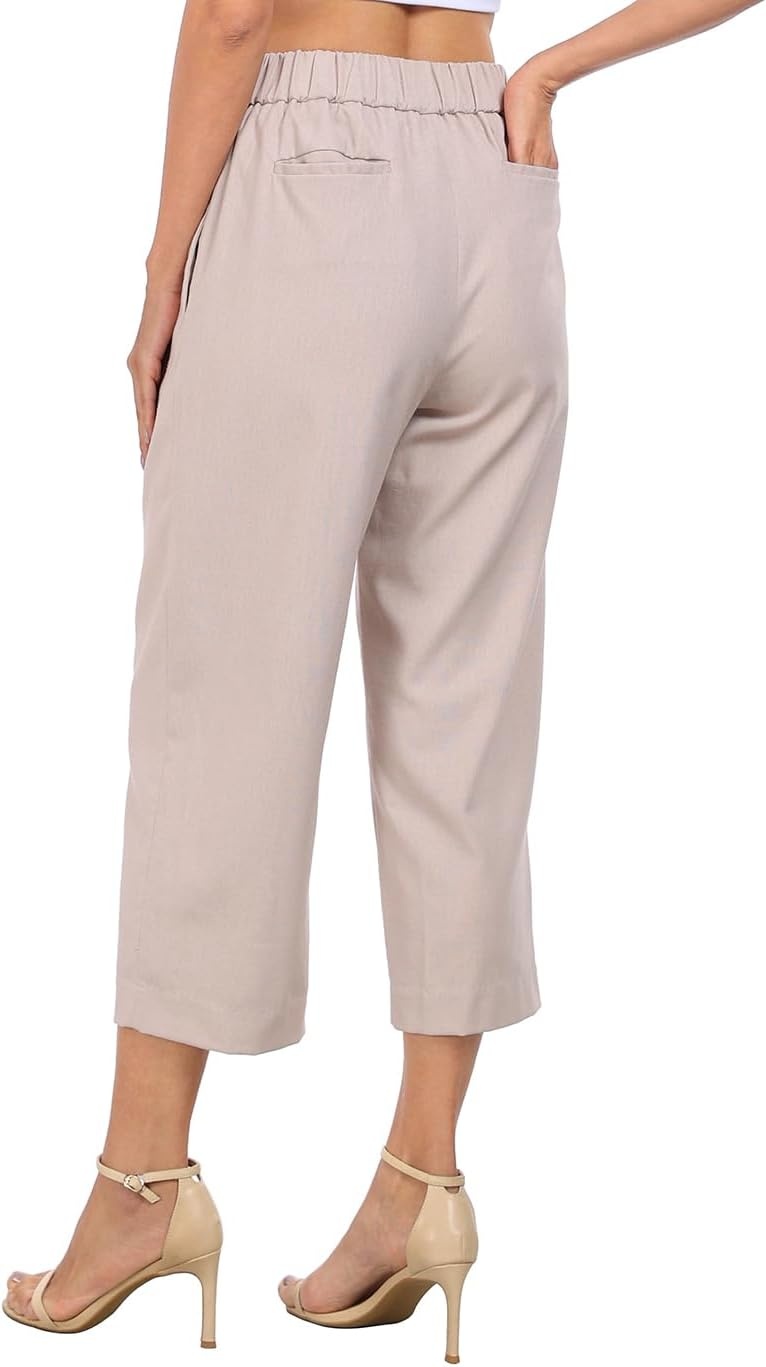 image:imageHDE Womens Pull On Linen Capri Pants Cropped High Waisted Summer CaprisGray Beige