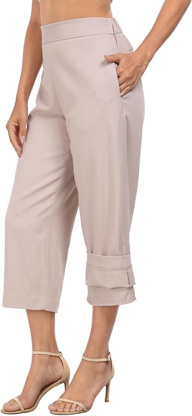 image:imageHDE Womens Pull On Linen Capri Pants Cropped High Waisted Summer CaprisGray Beige