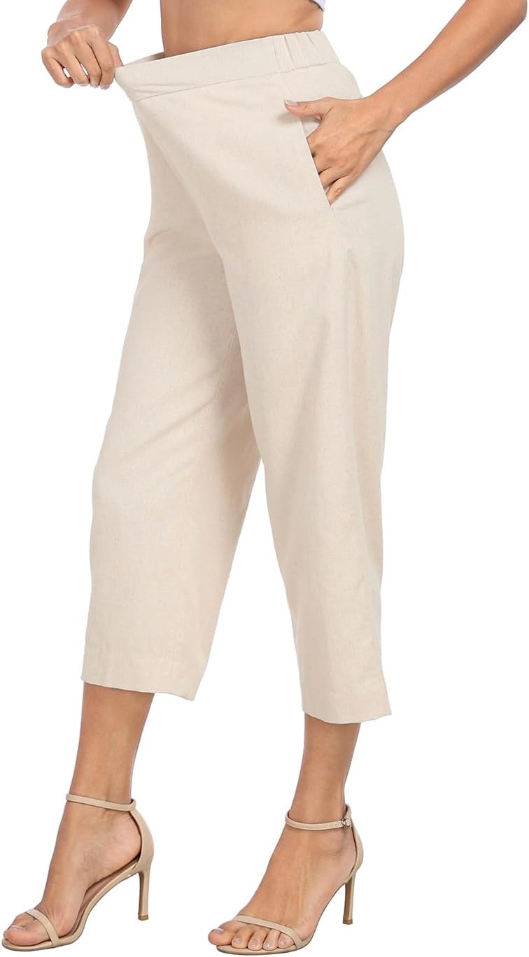 image:imageHDE Womens Pull On Linen Capri Pants Cropped High Waisted Summer CaprisKhaki Sand