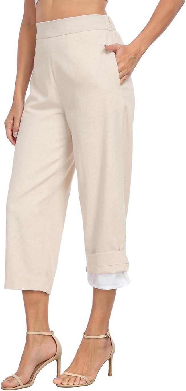 image:imageHDE Womens Pull On Linen Capri Pants Cropped High Waisted Summer CaprisKhaki Sand