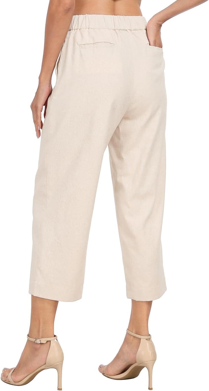 image:imageHDE Womens Pull On Linen Capri Pants Cropped High Waisted Summer CaprisKhaki Sand