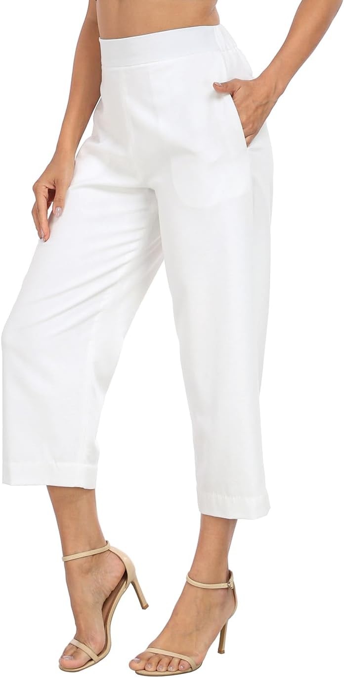 image:imageHDE Womens Pull On Linen Capri Pants Cropped High Waisted Summer CaprisWhite