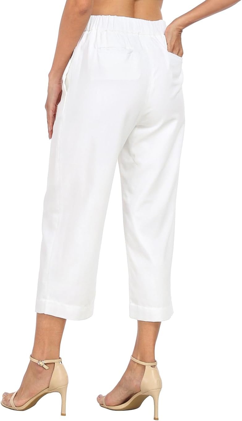 image:imageHDE Womens Pull On Linen Capri Pants Cropped High Waisted Summer CaprisWhite
