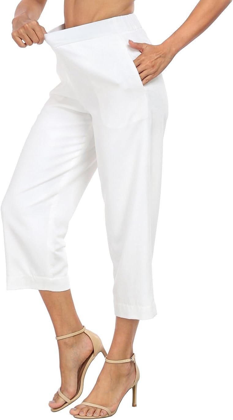 image:imageHDE Womens Pull On Linen Capri Pants Cropped High Waisted Summer CaprisWhite