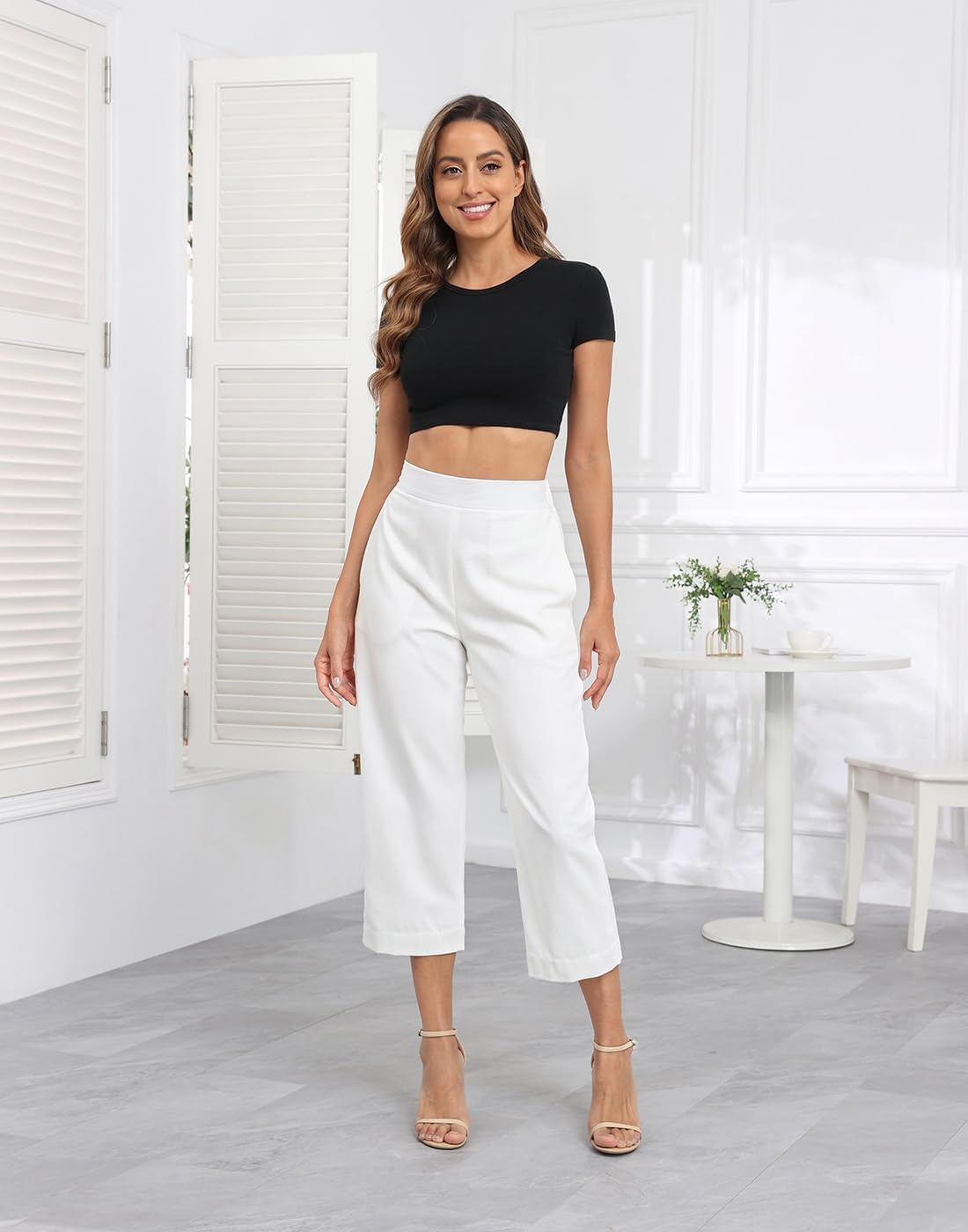 image:imageHDE Womens Pull On Linen Capri Pants Cropped High Waisted Summer CaprisWhite