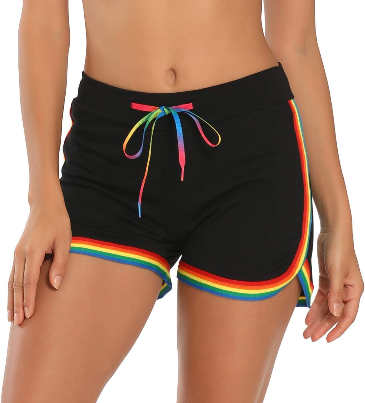 image:imageHDE Womens Retro Fashion Dolphin Running Workout ShortsBlack Rainbow Stripe