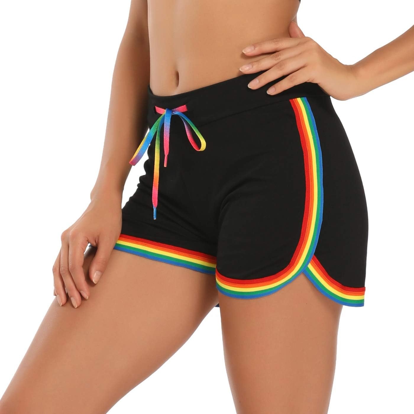 image:imageHDE Womens Retro Fashion Dolphin Running Workout ShortsBlack Rainbow Stripe