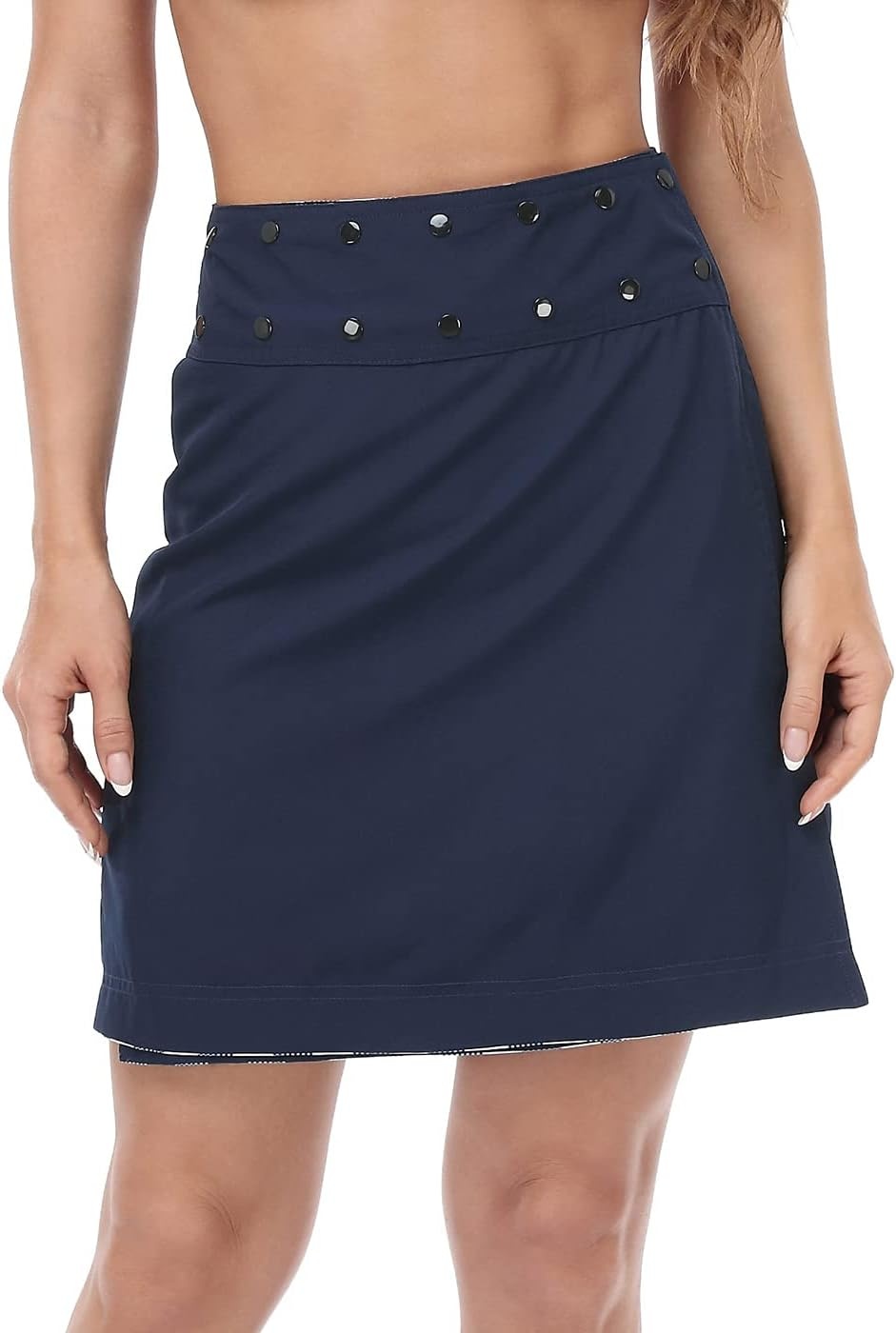 image:imageHDE Womens Reversible Wrap Skirt Swim Coverup Adjustable Snap Wraparound Waist with Zip Pocket for Travel Swim Beach HawaiiNavy Gingham