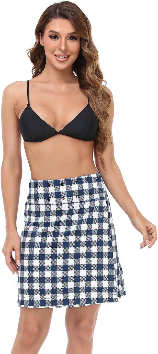 image:imageHDE Womens Reversible Wrap Skirt Swim Coverup Adjustable Snap Wraparound Waist with Zip Pocket for Travel Swim Beach HawaiiNavy Gingham