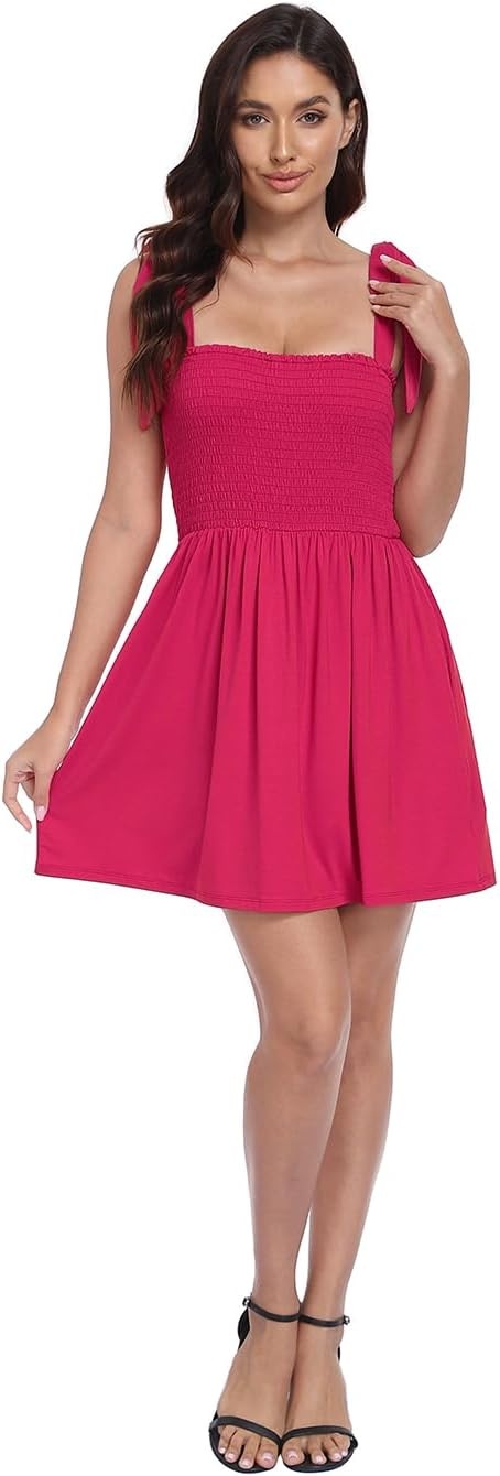 image:imageHDE Womens Romper Dress with Built in Shorts Summer Smocked Mini SundressBerry Red
