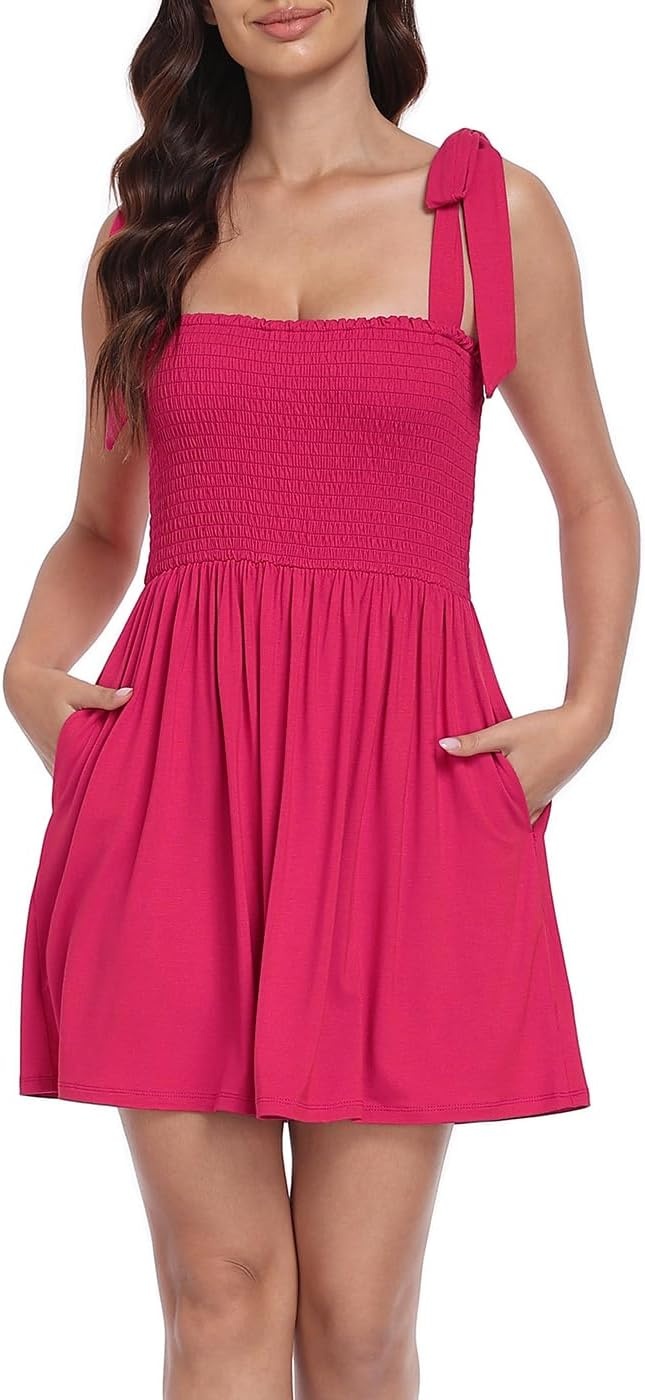 image:imageHDE Womens Romper Dress with Built in Shorts Summer Smocked Mini SundressBerry Red