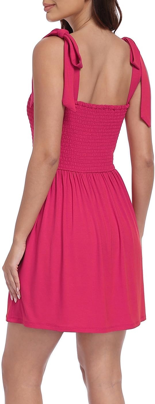 image:imageHDE Womens Romper Dress with Built in Shorts Summer Smocked Mini SundressBerry Red