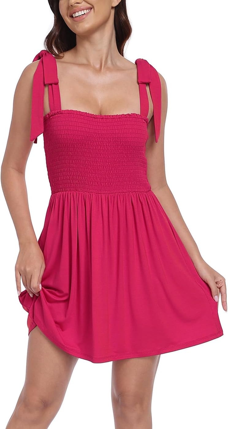image:imageHDE Womens Romper Dress with Built in Shorts Summer Smocked Mini SundressBerry Red