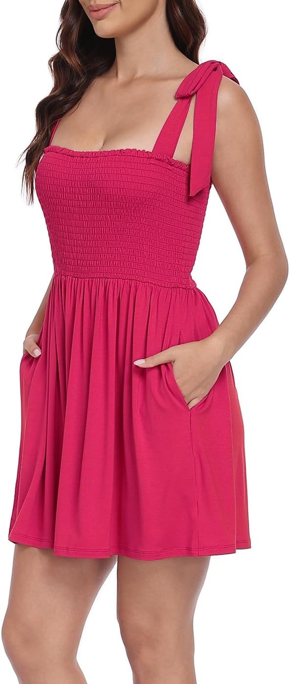 image:imageHDE Womens Romper Dress with Built in Shorts Summer Smocked Mini SundressBerry Red
