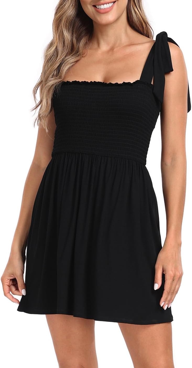 image:imageHDE Womens Romper Dress with Built in Shorts Summer Smocked Mini SundressBlack