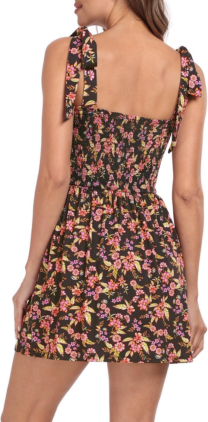 image:imageHDE Womens Romper Dress with Built in Shorts Summer Smocked Mini SundressBlack Boho Floral