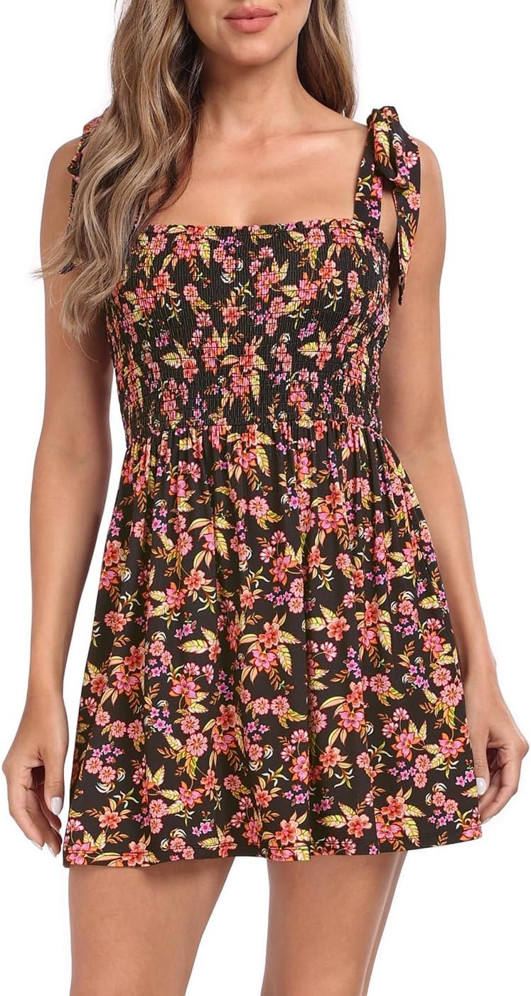 image:imageHDE Womens Romper Dress with Built in Shorts Summer Smocked Mini SundressBlack Boho Floral