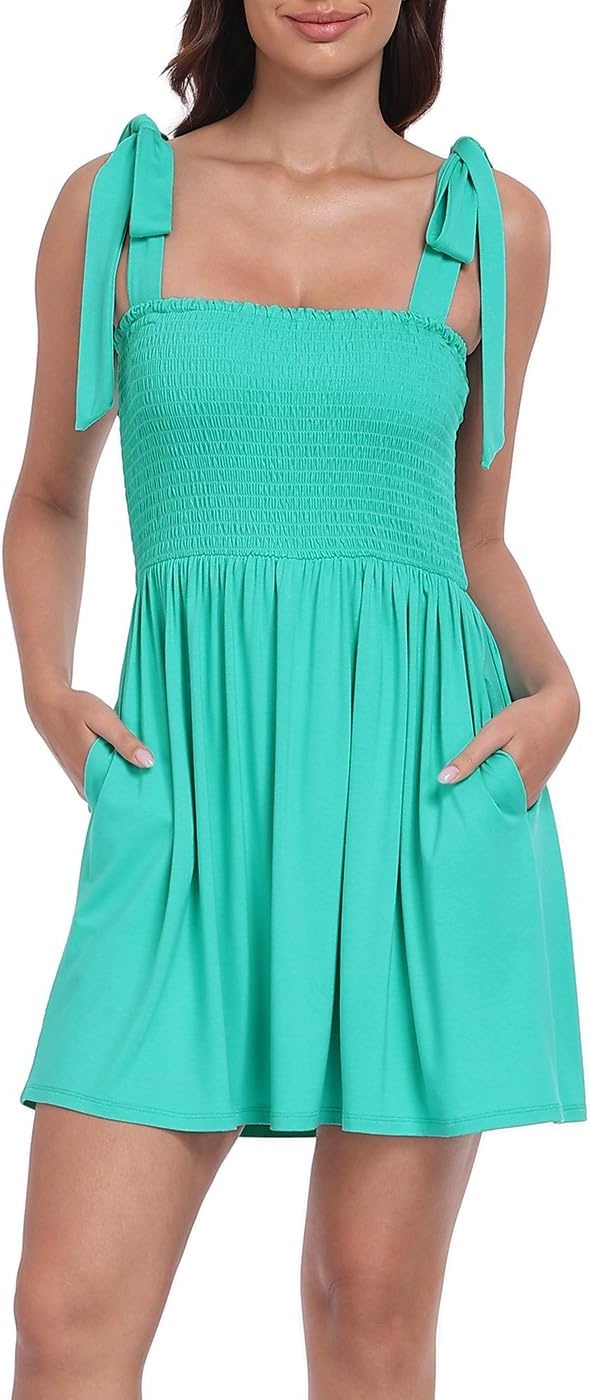 image:imageHDE Womens Romper Dress with Built in Shorts Summer Smocked Mini SundressBright Turquoise