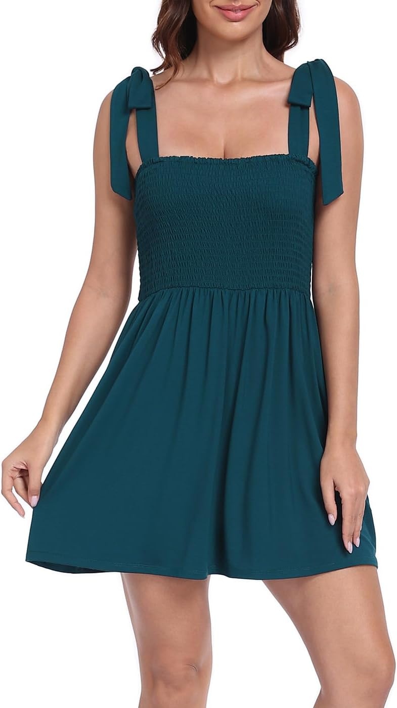 image:imageHDE Womens Romper Dress with Built in Shorts Summer Smocked Mini SundressDark Teal
