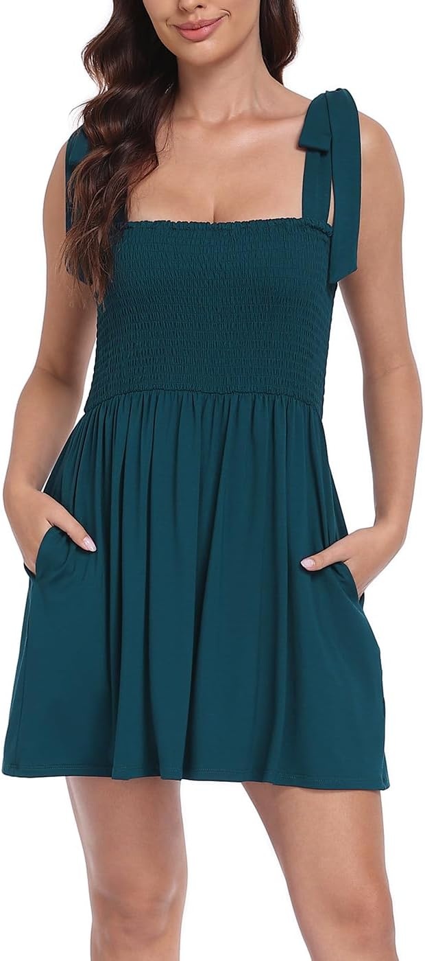 image:imageHDE Womens Romper Dress with Built in Shorts Summer Smocked Mini SundressDark Teal