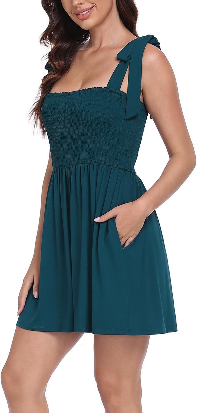image:imageHDE Womens Romper Dress with Built in Shorts Summer Smocked Mini SundressDark Teal