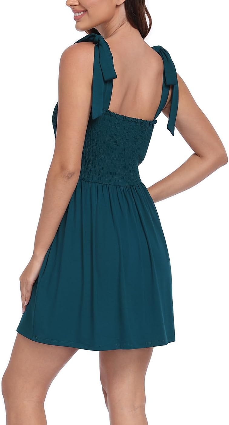 image:imageHDE Womens Romper Dress with Built in Shorts Summer Smocked Mini SundressDark Teal