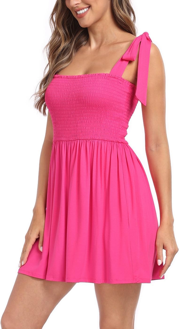 image:imageHDE Womens Romper Dress with Built in Shorts Summer Smocked Mini SundressHot Pink