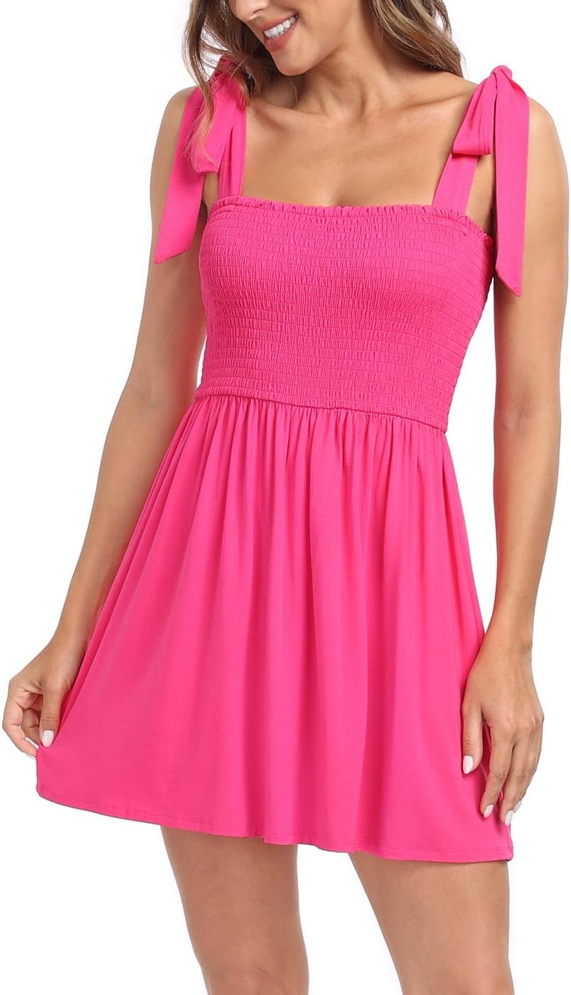 image:imageHDE Womens Romper Dress with Built in Shorts Summer Smocked Mini SundressHot Pink