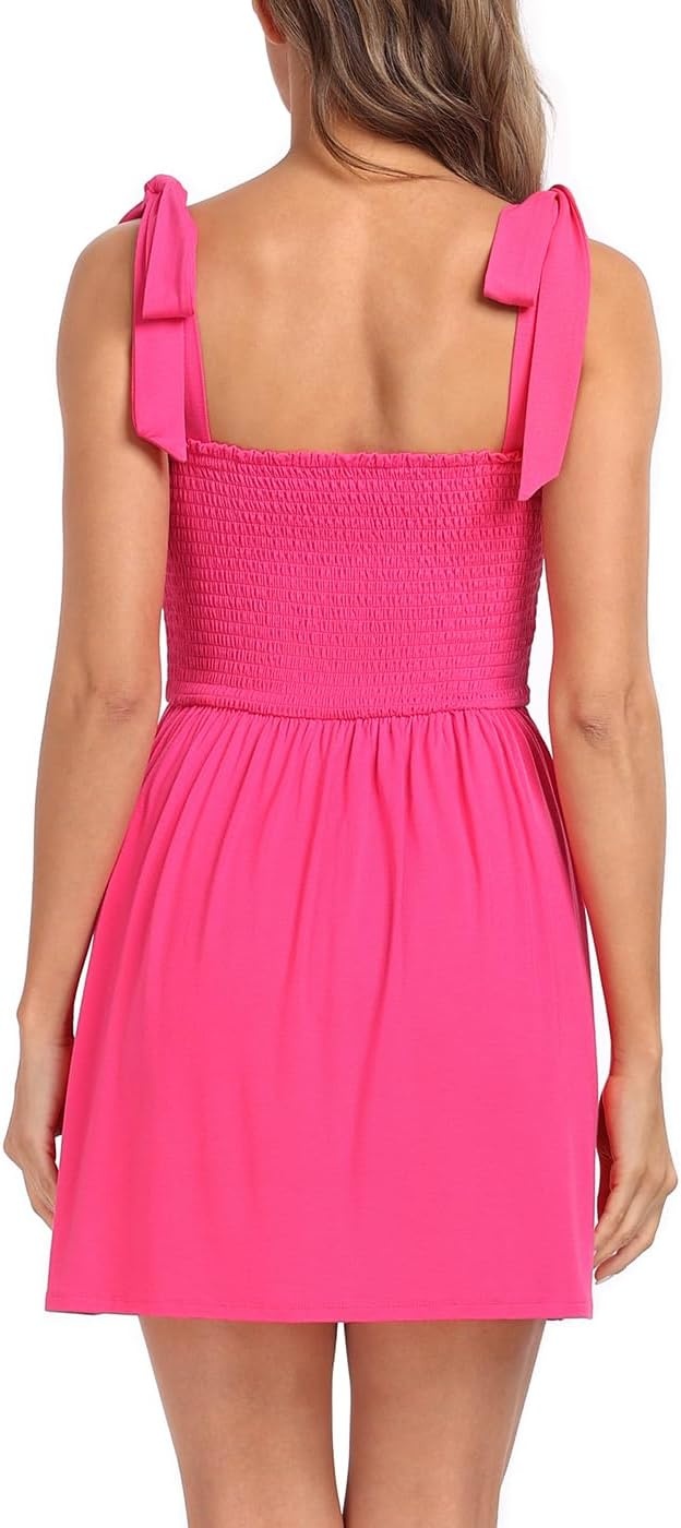 image:imageHDE Womens Romper Dress with Built in Shorts Summer Smocked Mini SundressHot Pink