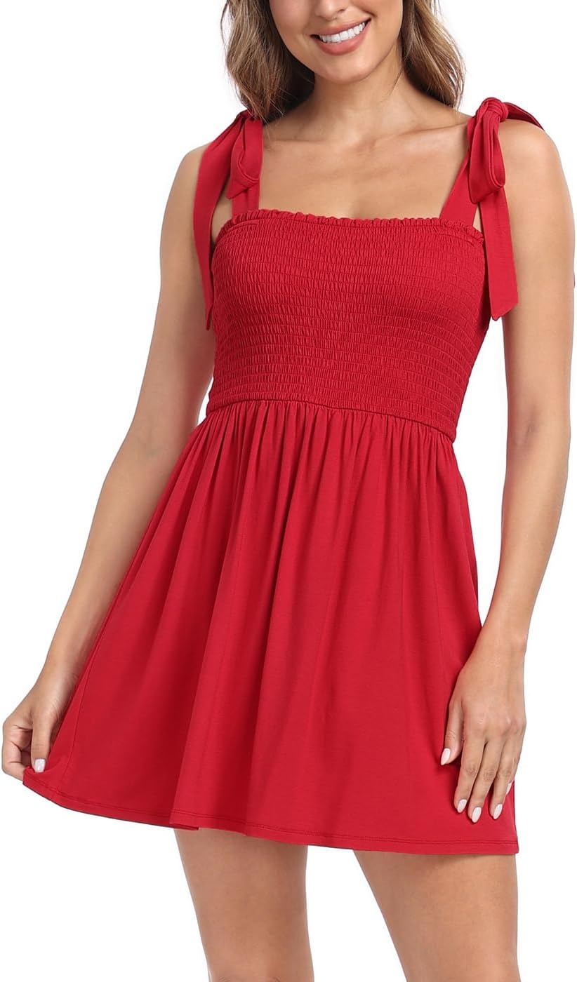 image:imageHDE Womens Romper Dress with Built in Shorts Summer Smocked Mini SundressRed