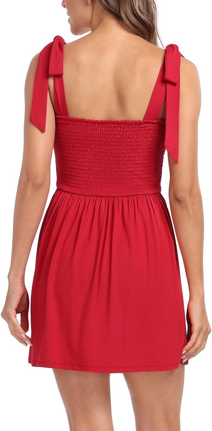 image:imageHDE Womens Romper Dress with Built in Shorts Summer Smocked Mini SundressRed