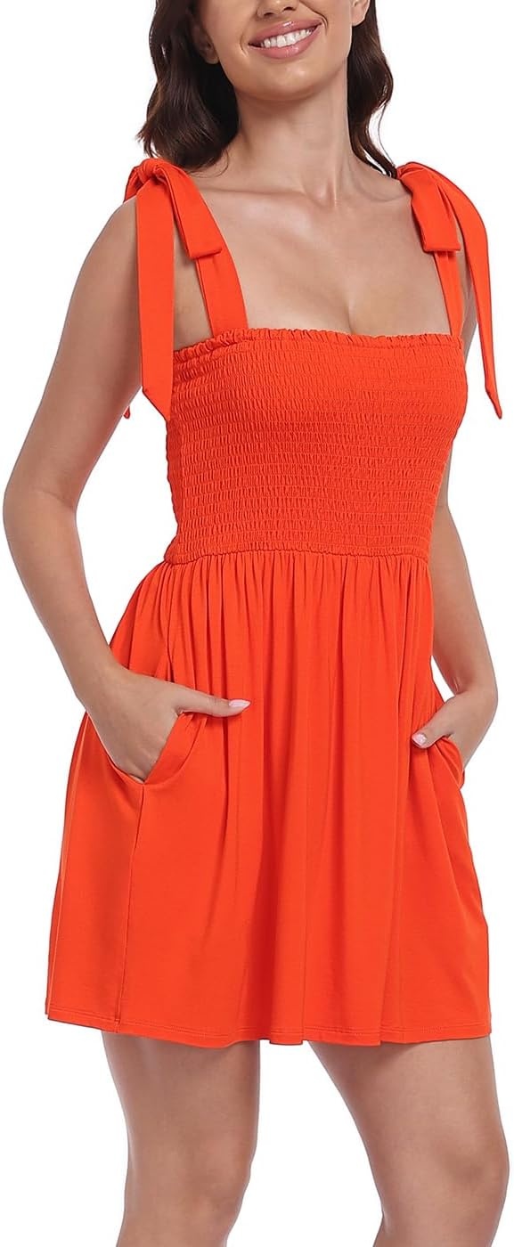 image:imageHDE Womens Romper Dress with Built in Shorts Summer Smocked Mini SundressSpicy Orange