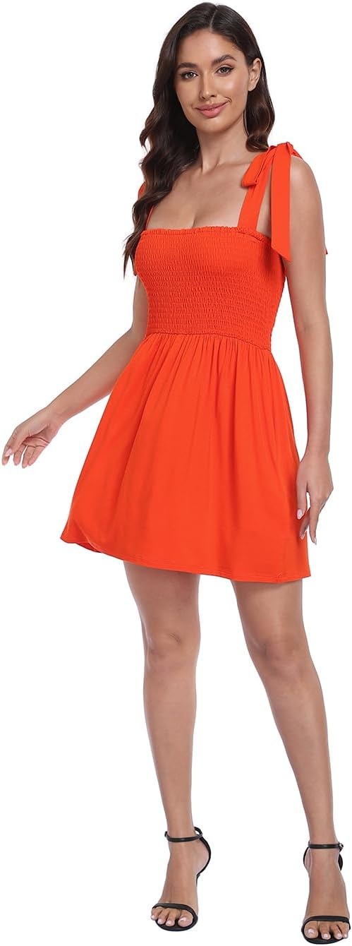 image:imageHDE Womens Romper Dress with Built in Shorts Summer Smocked Mini SundressSpicy Orange