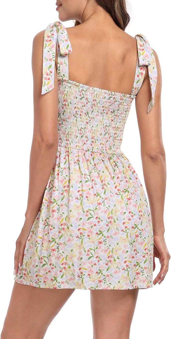 image:imageHDE Womens Romper Dress with Built in Shorts Summer Smocked Mini SundressSpring Floral