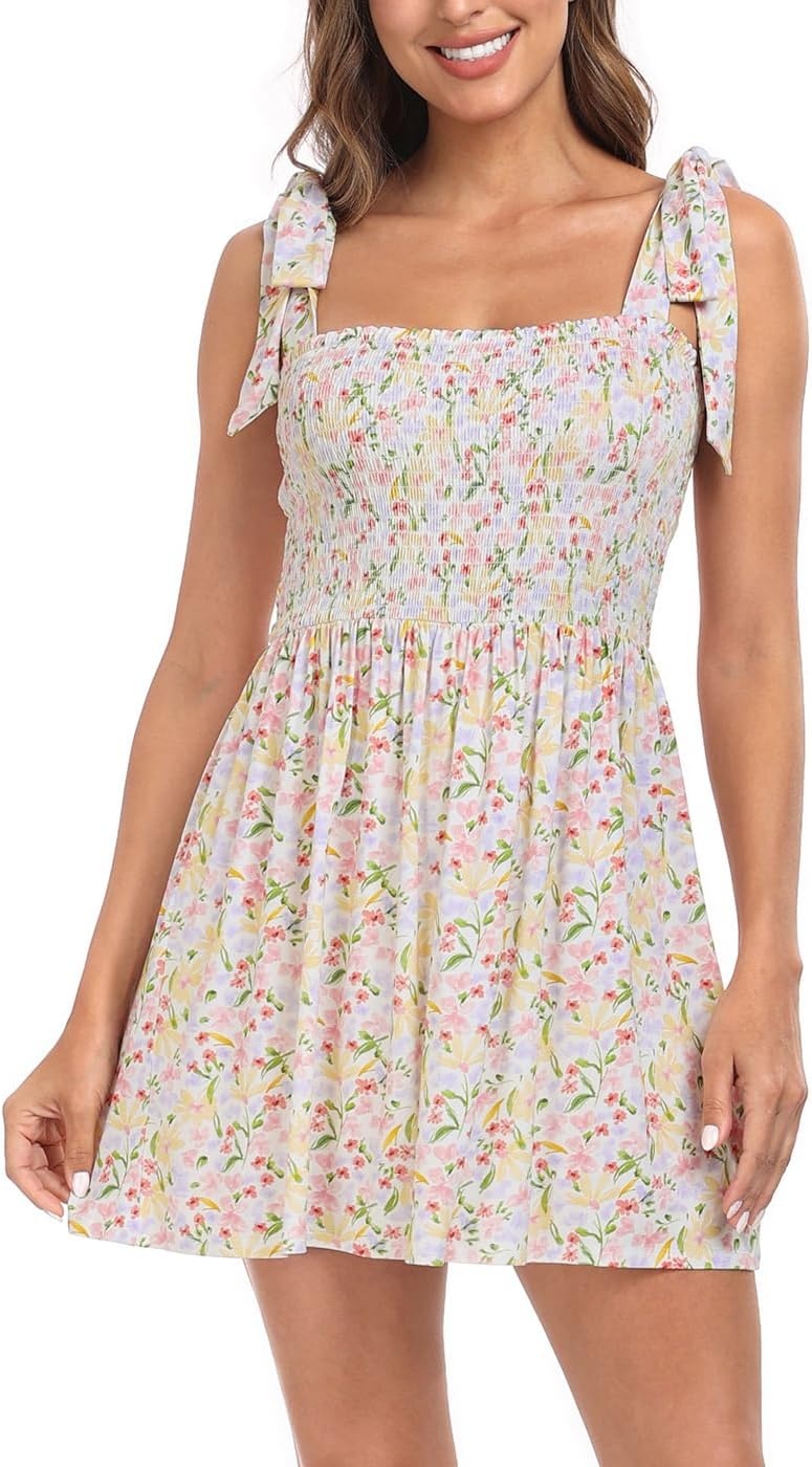 image:imageHDE Womens Romper Dress with Built in Shorts Summer Smocked Mini SundressSpring Floral