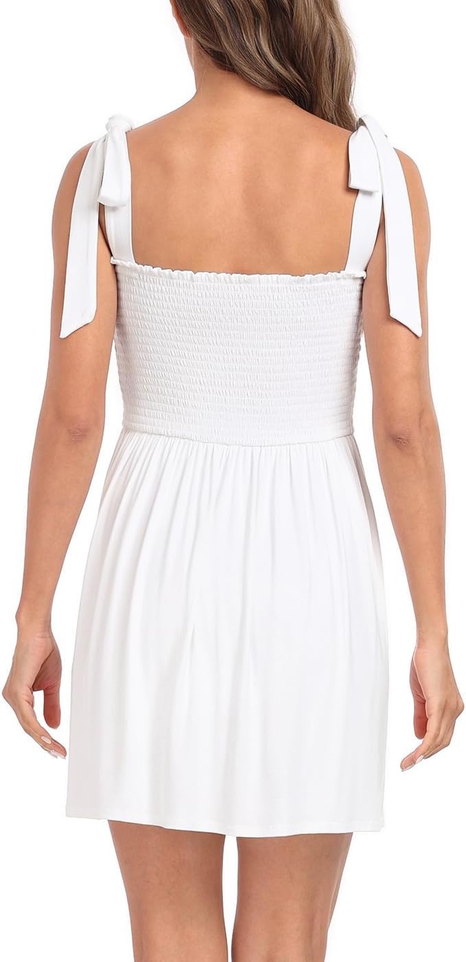 image:imageHDE Womens Romper Dress with Built in Shorts Summer Smocked Mini SundressWhite