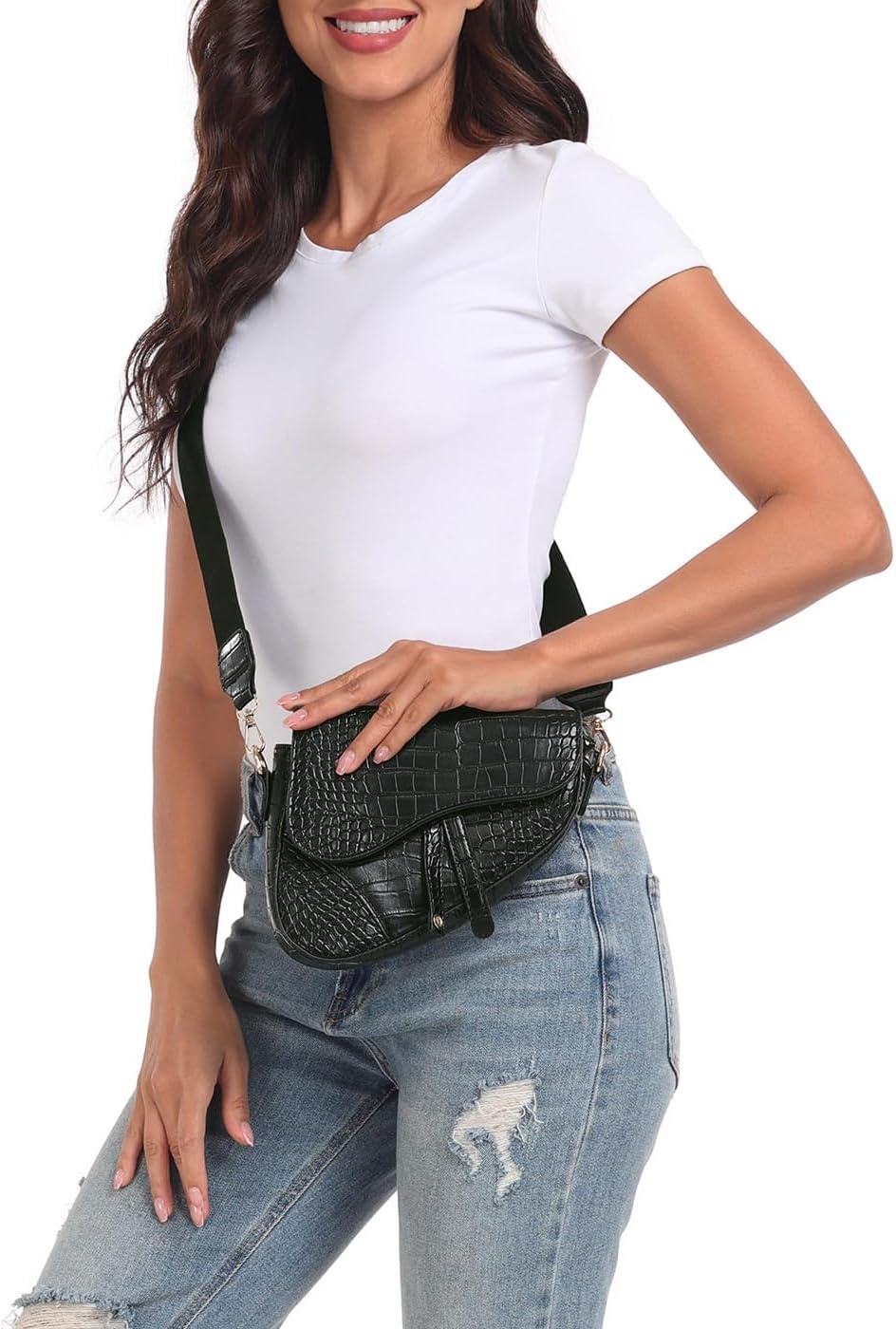 image:imageHDE Womens Saddle Shaped Convertible Shoulder Bag Trendy PU Leather Clutch Satchel Crossbody Purse HandbagBlack Crocodile