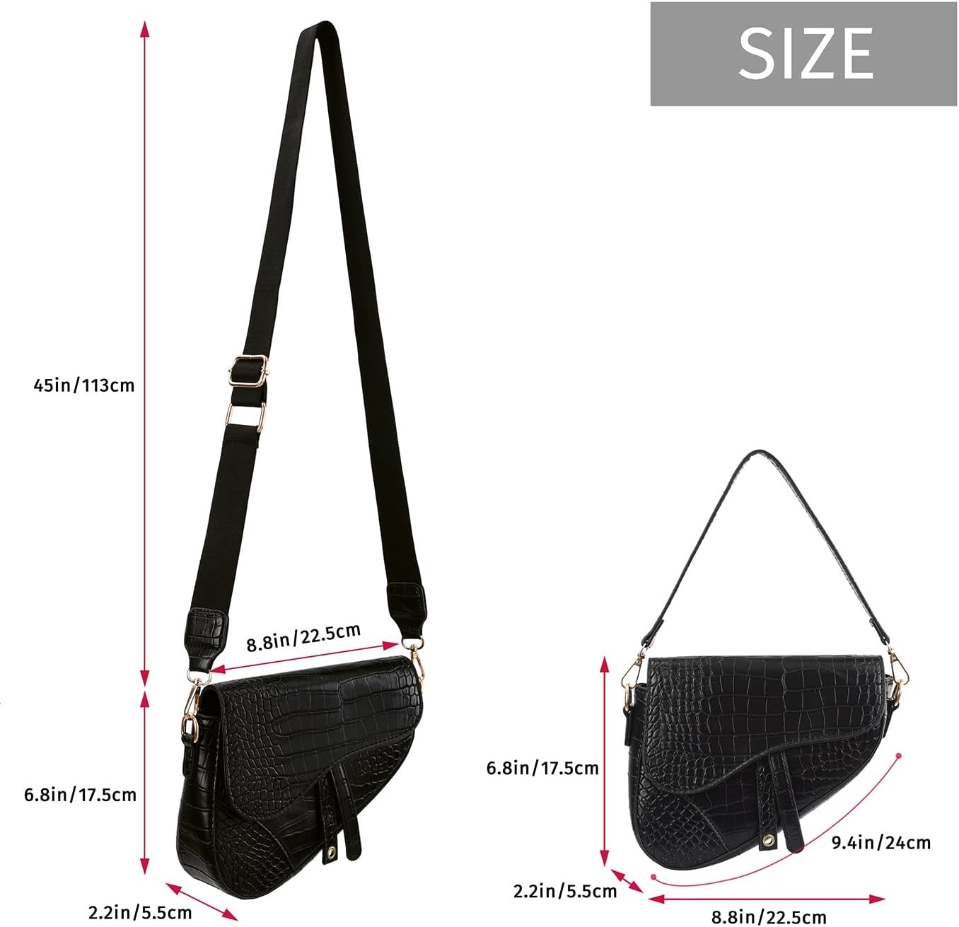 image:imageHDE Womens Saddle Shaped Convertible Shoulder Bag Trendy PU Leather Clutch Satchel Crossbody Purse HandbagBlack Crocodile