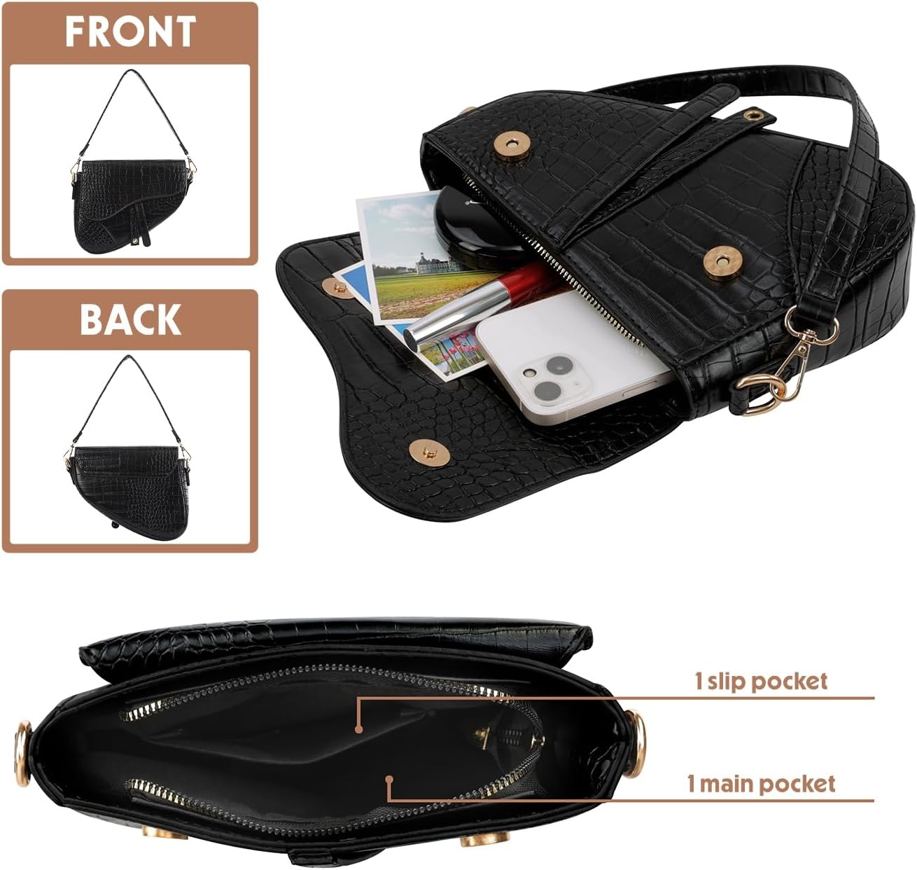 image:imageHDE Womens Saddle Shaped Convertible Shoulder Bag Trendy PU Leather Clutch Satchel Crossbody Purse HandbagBlack Crocodile