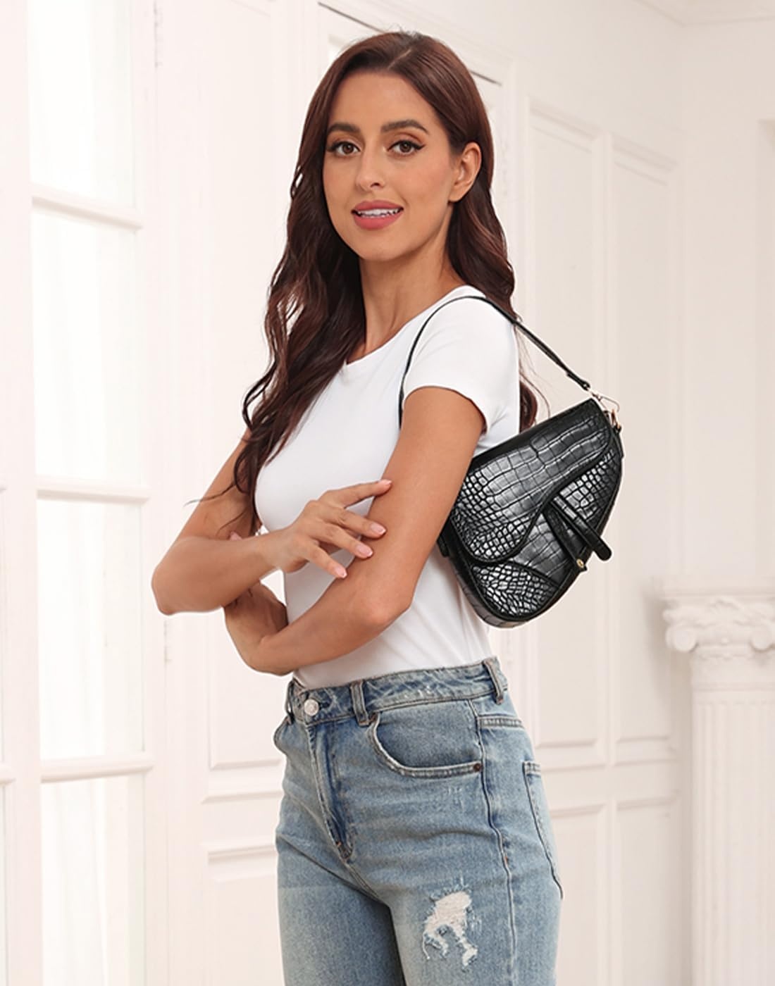 image:imageHDE Womens Saddle Shaped Convertible Shoulder Bag Trendy PU Leather Clutch Satchel Crossbody Purse HandbagBlack Crocodile