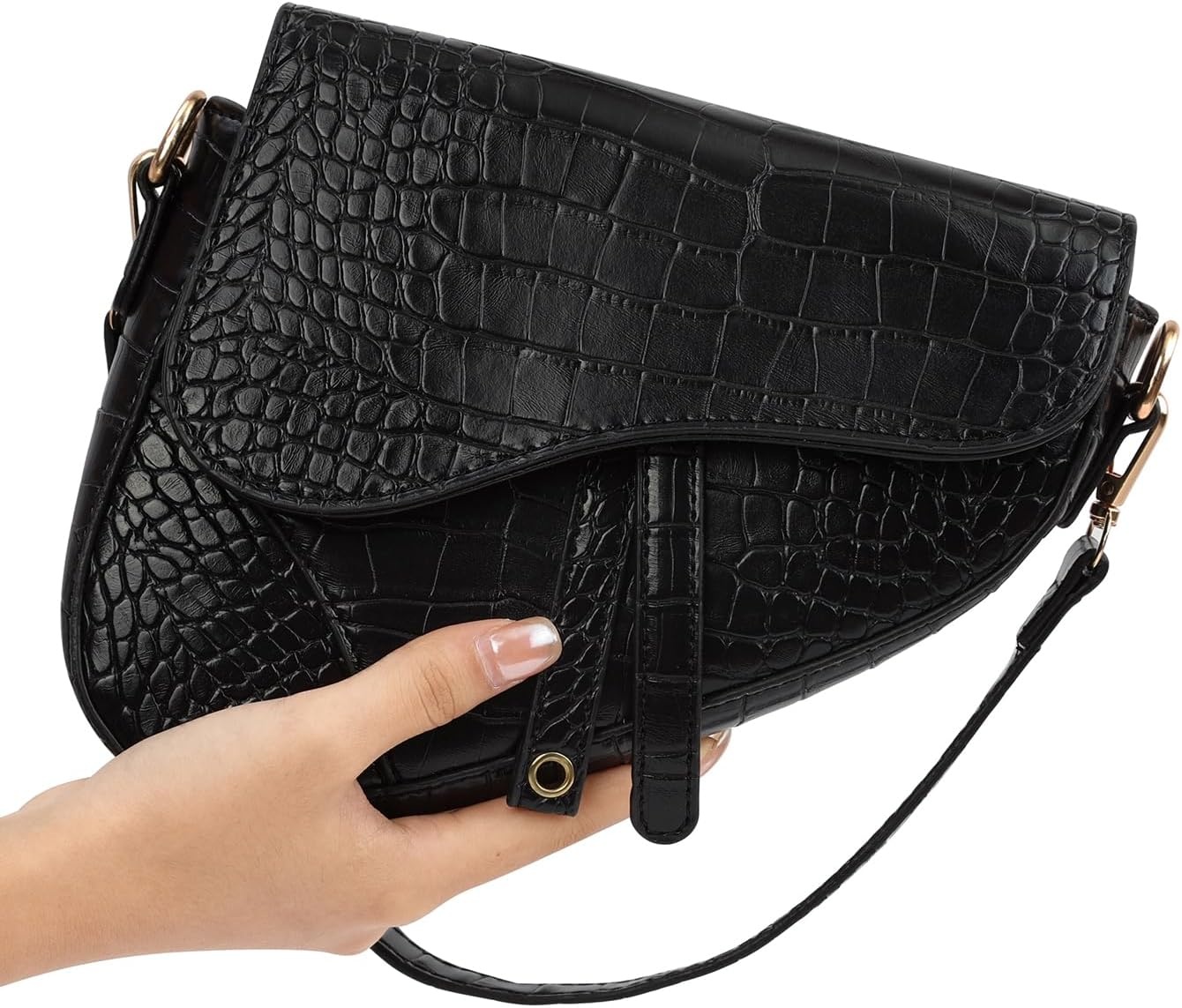 image:imageHDE Womens Saddle Shaped Convertible Shoulder Bag Trendy PU Leather Clutch Satchel Crossbody Purse HandbagBlack Crocodile