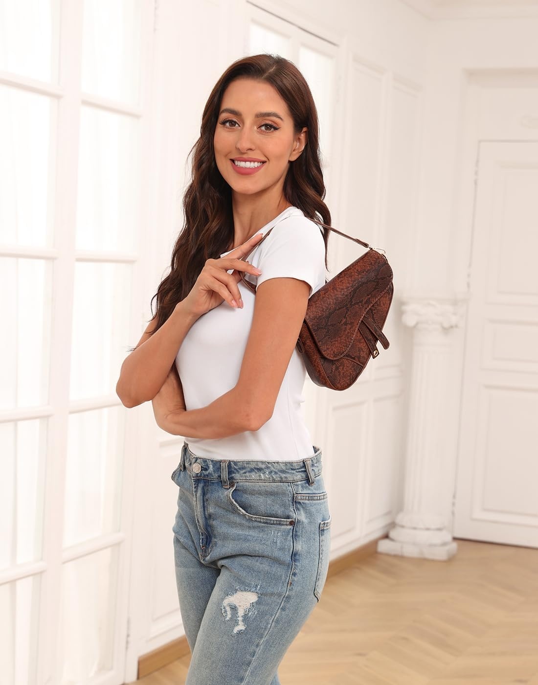image:imageHDE Womens Saddle Shaped Convertible Shoulder Bag Trendy PU Leather Clutch Satchel Crossbody Purse HandbagBrown Snakeskin
