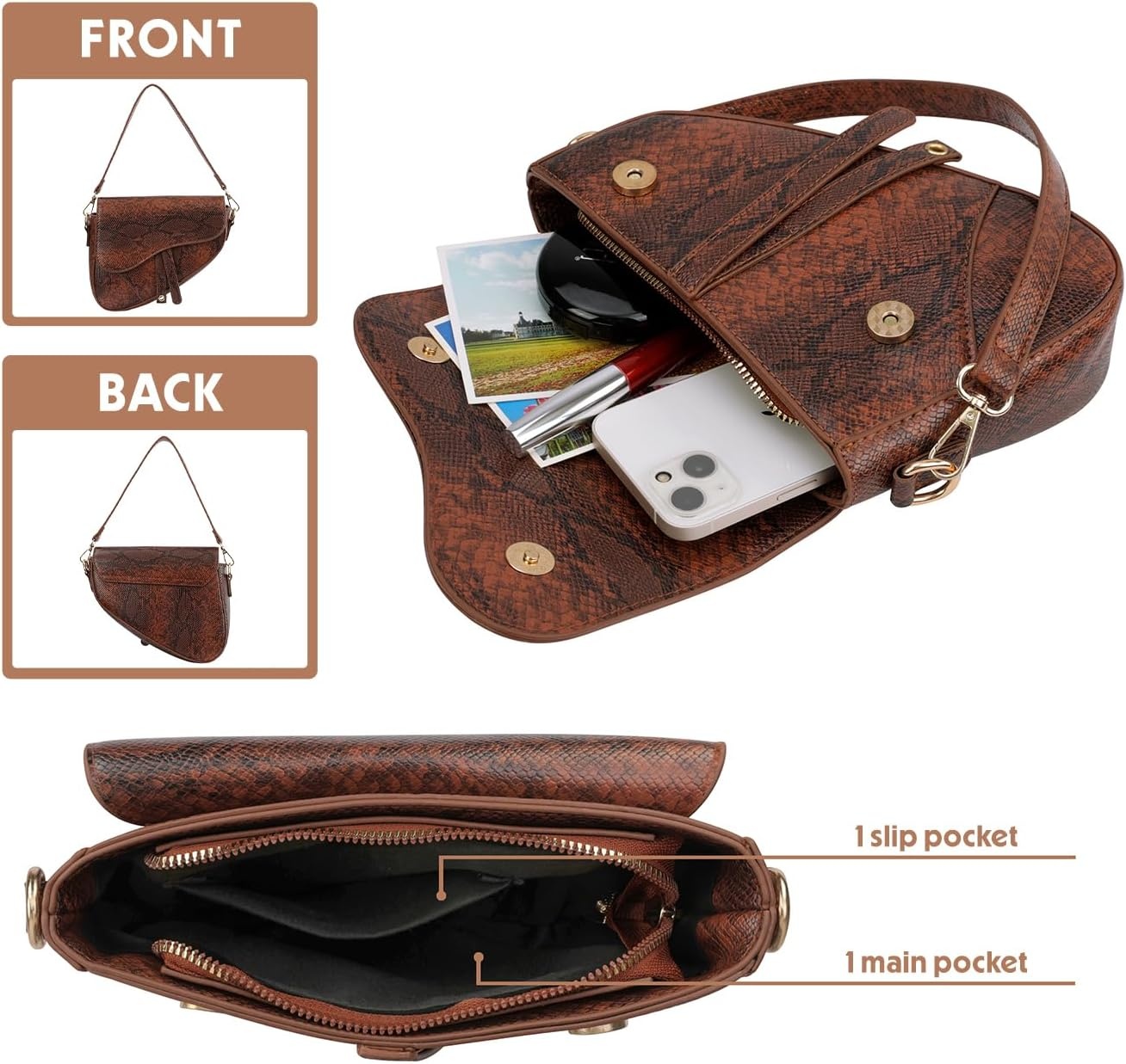 image:imageHDE Womens Saddle Shaped Convertible Shoulder Bag Trendy PU Leather Clutch Satchel Crossbody Purse HandbagBrown Snakeskin