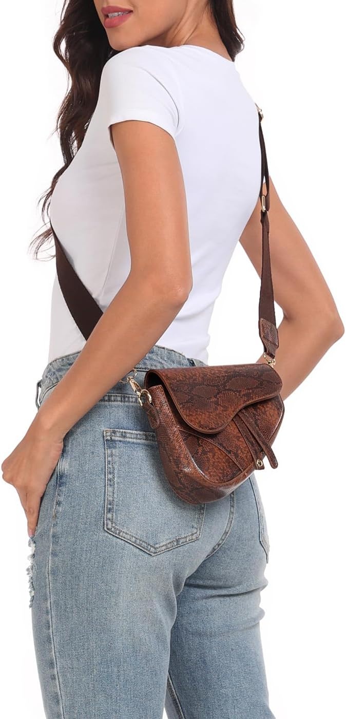 image:imageHDE Womens Saddle Shaped Convertible Shoulder Bag Trendy PU Leather Clutch Satchel Crossbody Purse HandbagBrown Snakeskin