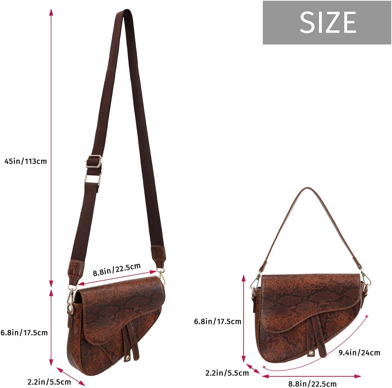 image:imageHDE Womens Saddle Shaped Convertible Shoulder Bag Trendy PU Leather Clutch Satchel Crossbody Purse HandbagBrown Snakeskin