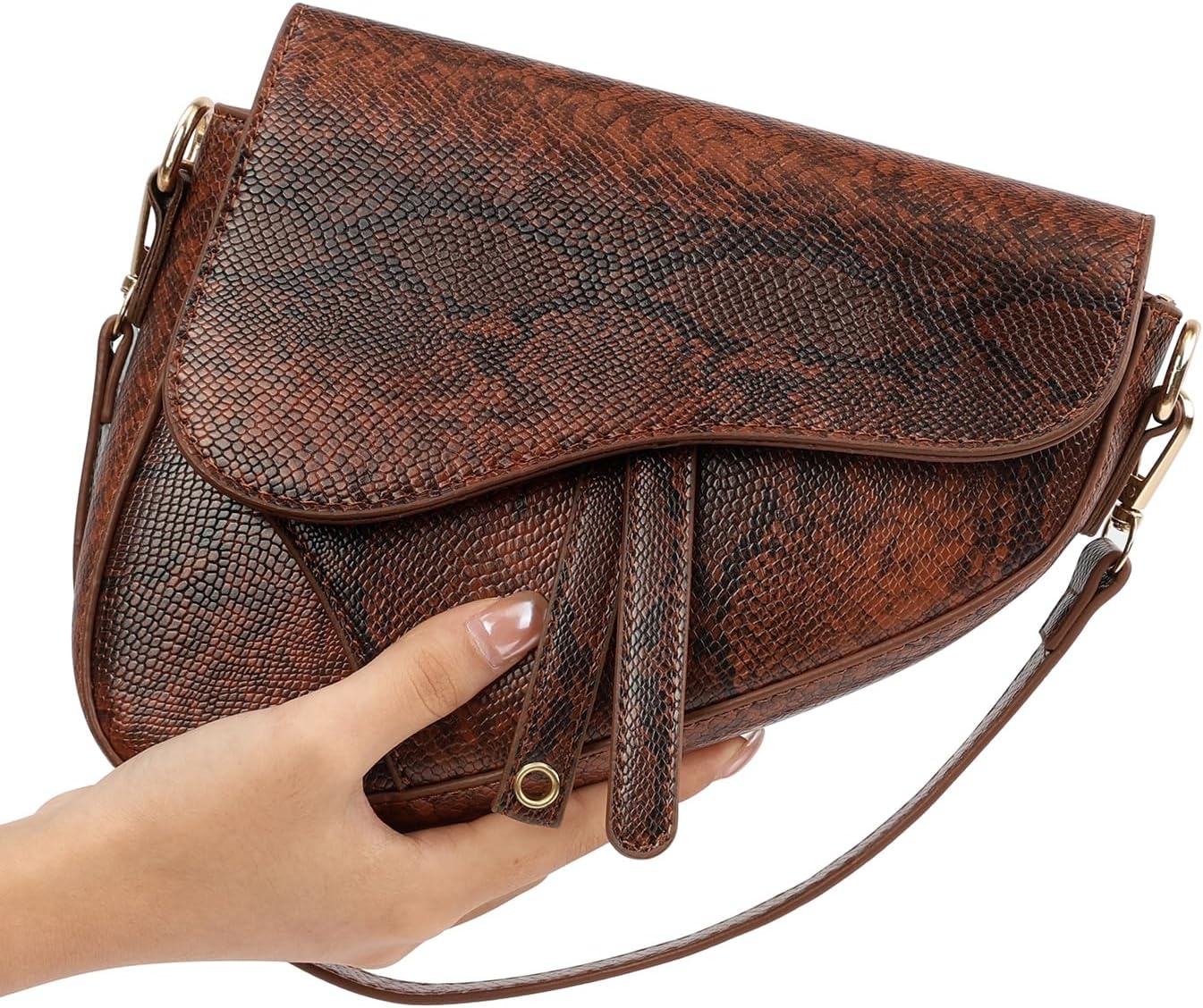 image:imageHDE Womens Saddle Shaped Convertible Shoulder Bag Trendy PU Leather Clutch Satchel Crossbody Purse HandbagBrown Snakeskin